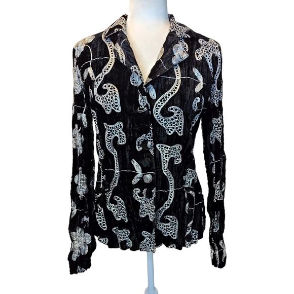 Alberto Makali Crinkle Velvet Black Embroidered Shirt Size Large Button Front - Picture 1 of 9